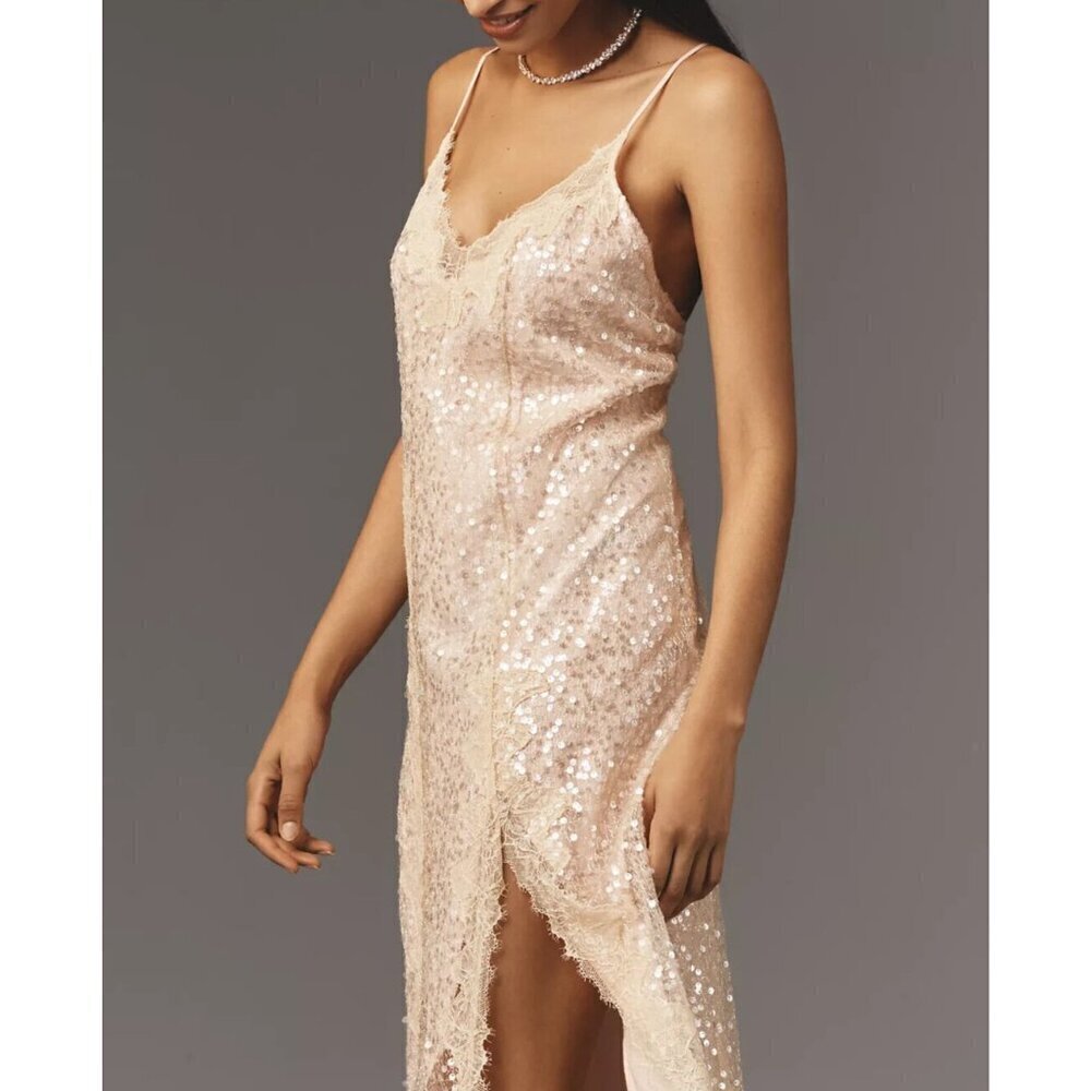 Anthropologie En Elly Sleeveless V-Neck Lace Sequin Slip Midi Dress S
